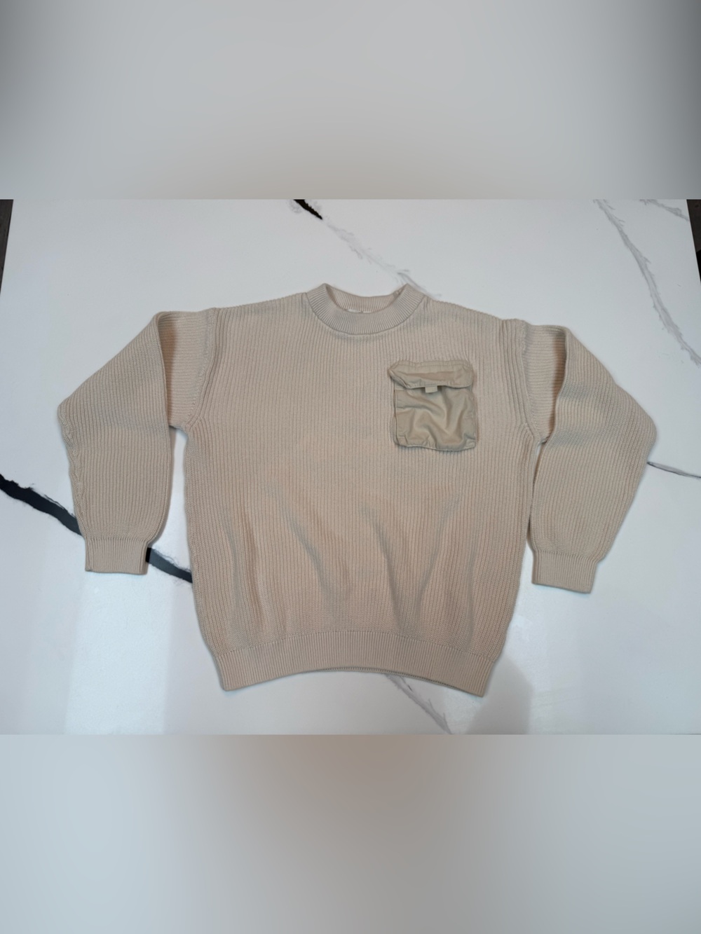H&M Cream Ribbed Knit Crewneck Sweater w/ Utility Pocket sz 8/10